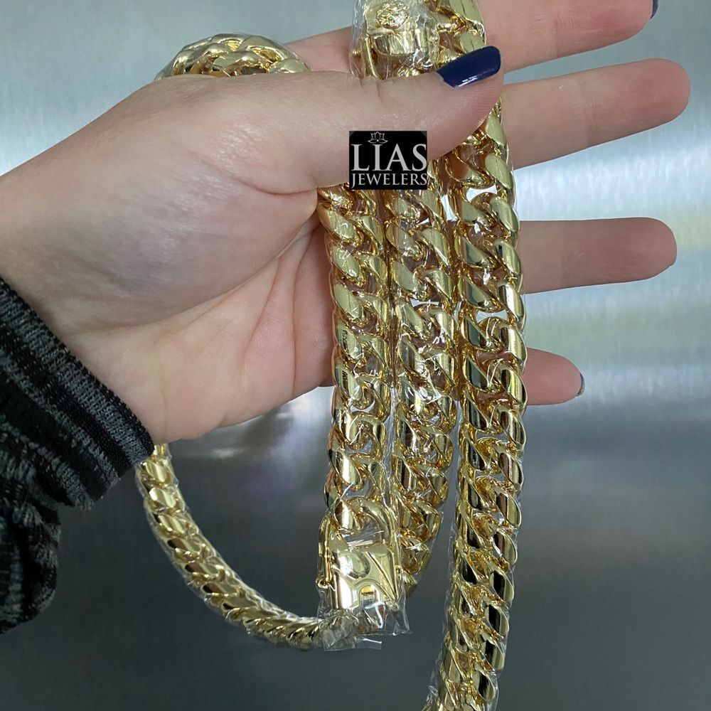 New 18k yellow gold filled Cuban link chain and bracelet set